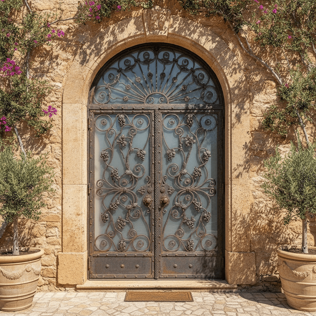 Traditional wrought iron entry door with arched top
