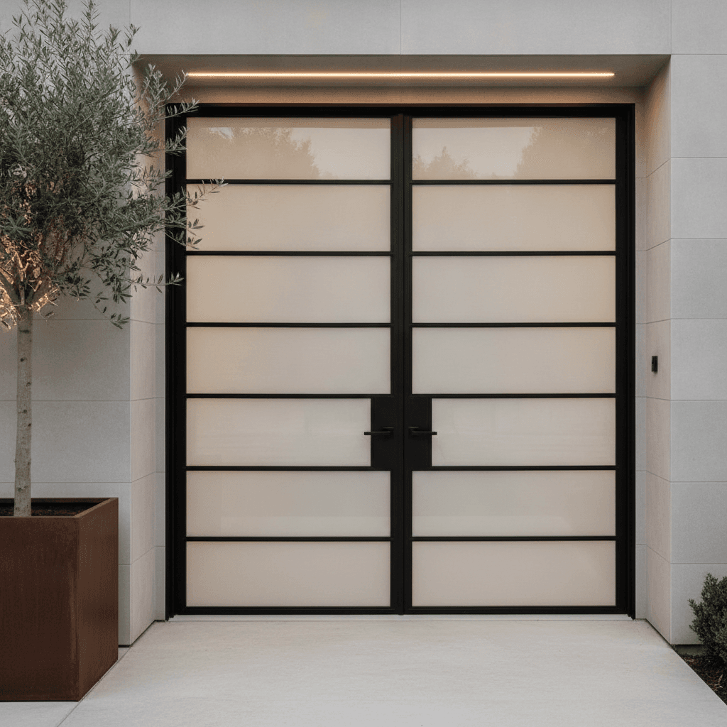 Modern black steel and glass entry door
