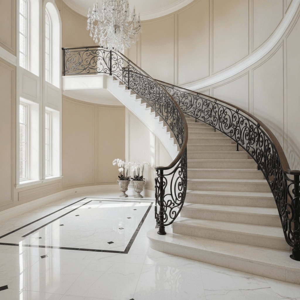Interior staircase with custom iron railing