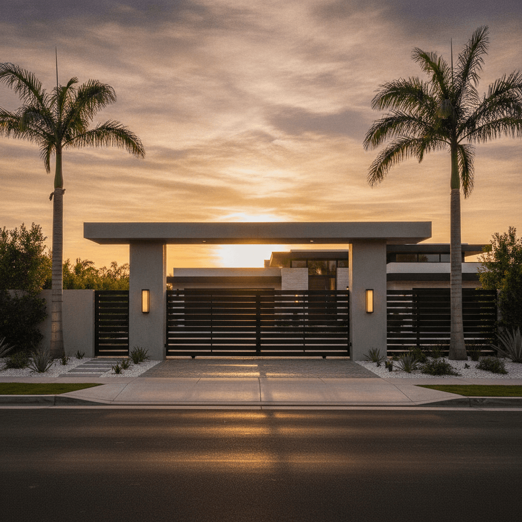 Modern minimalist black metal driveway gate