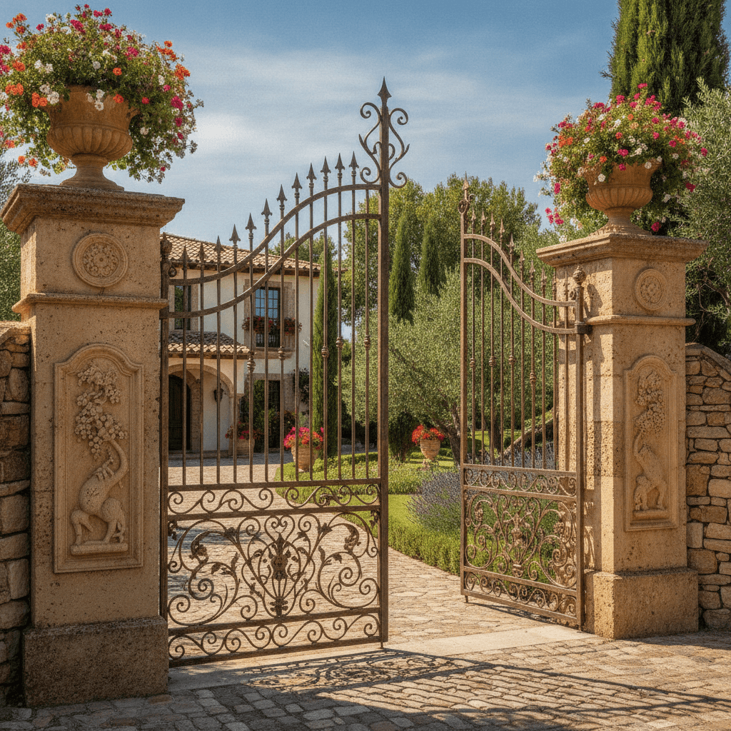 Ornate wrought iron driveway gate