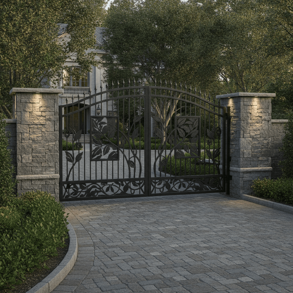 Custom black iron driveway gate with decorative panels