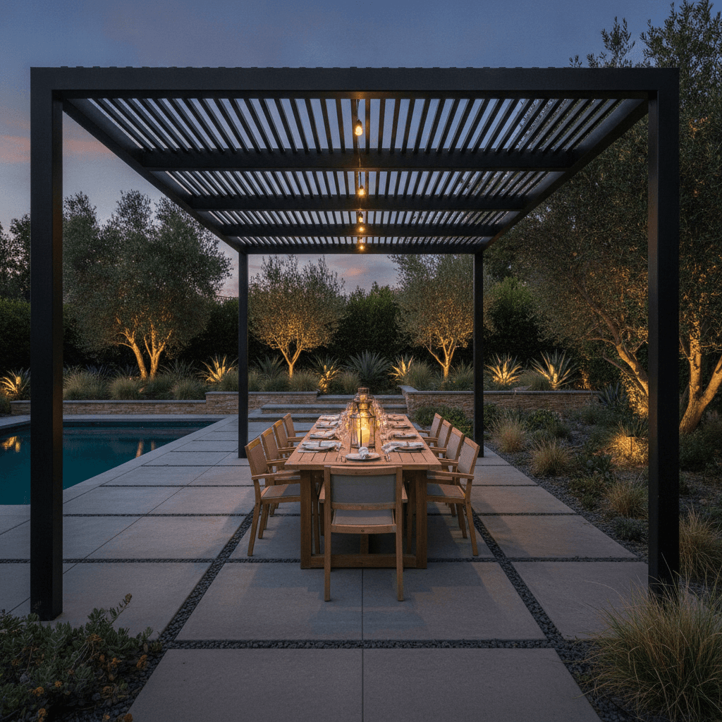 Modern black steel pergola over outdoor dining