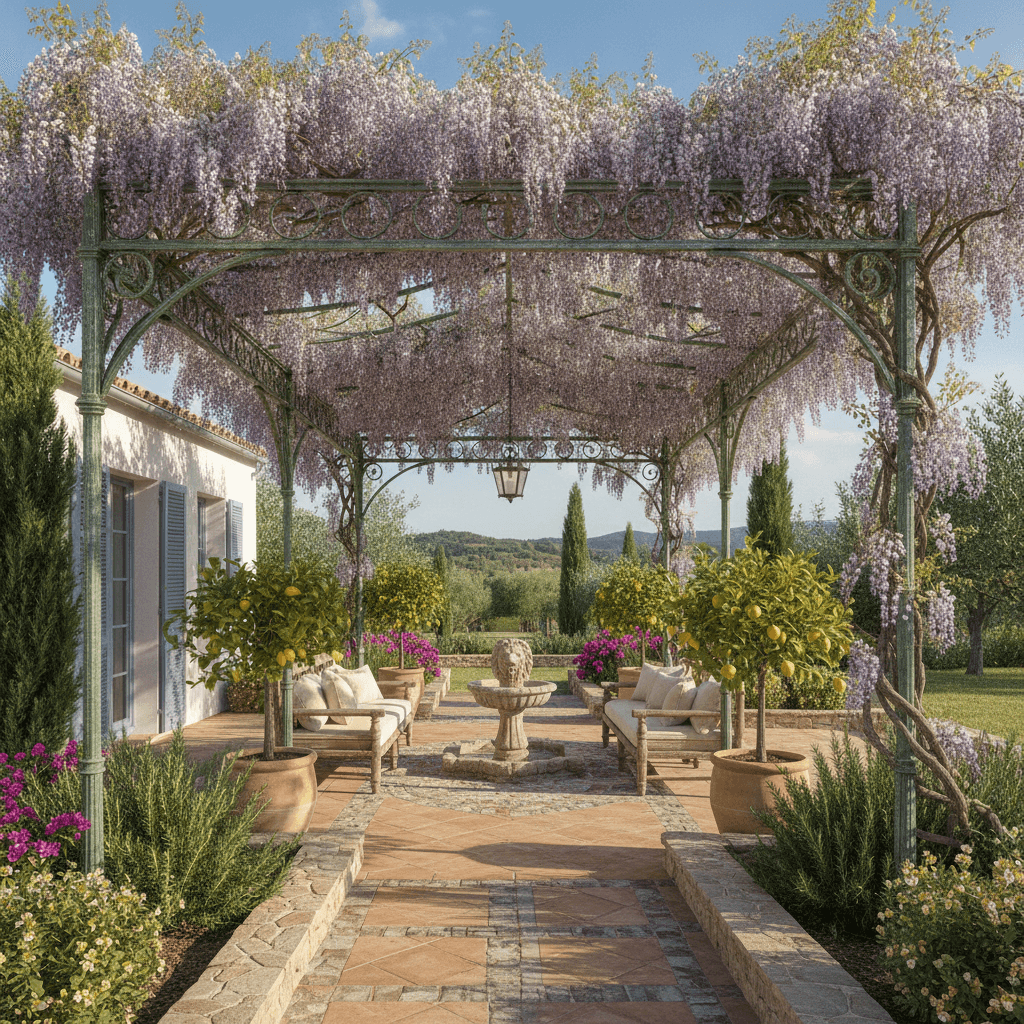 Traditional aluminum pergola with climbing wisteria