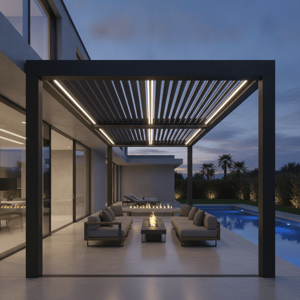 Modern motorized louvered roof pergola