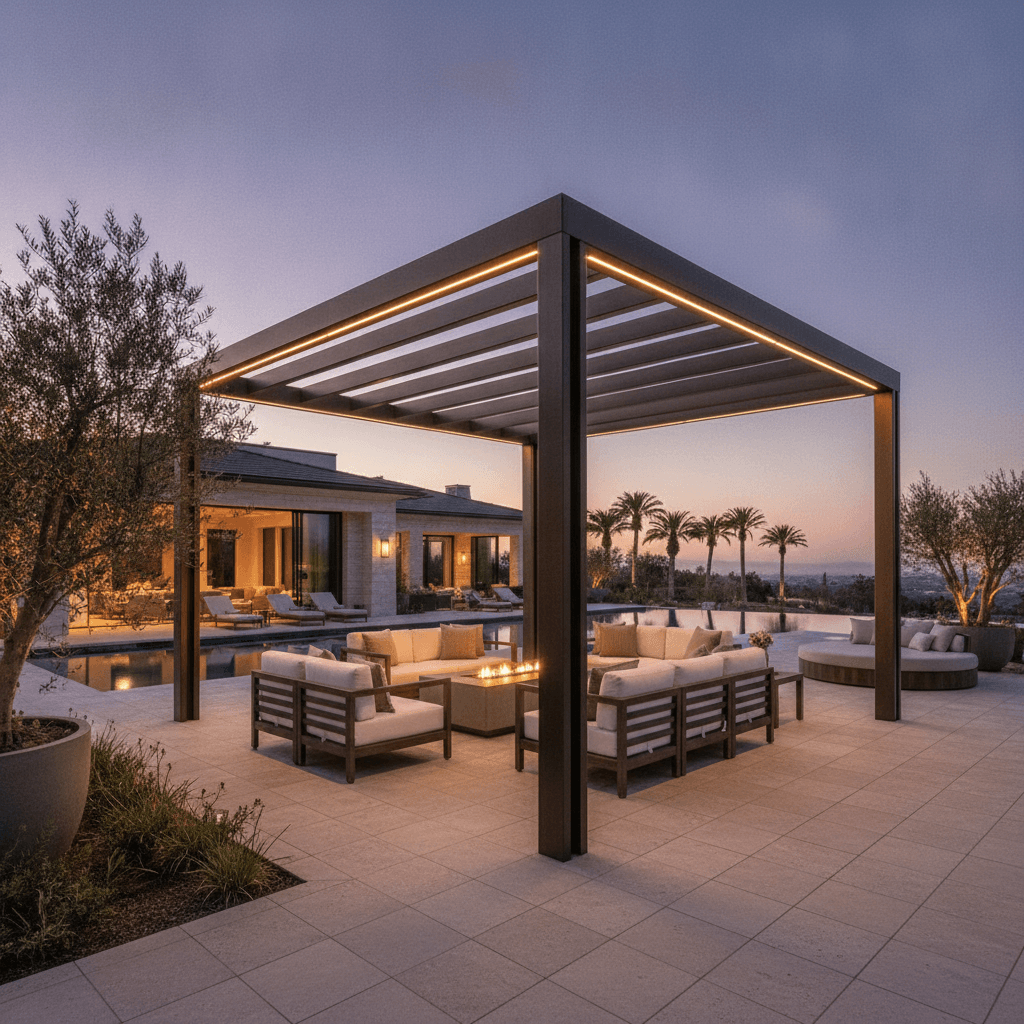 Custom freestanding metal pergola with integrated lighting